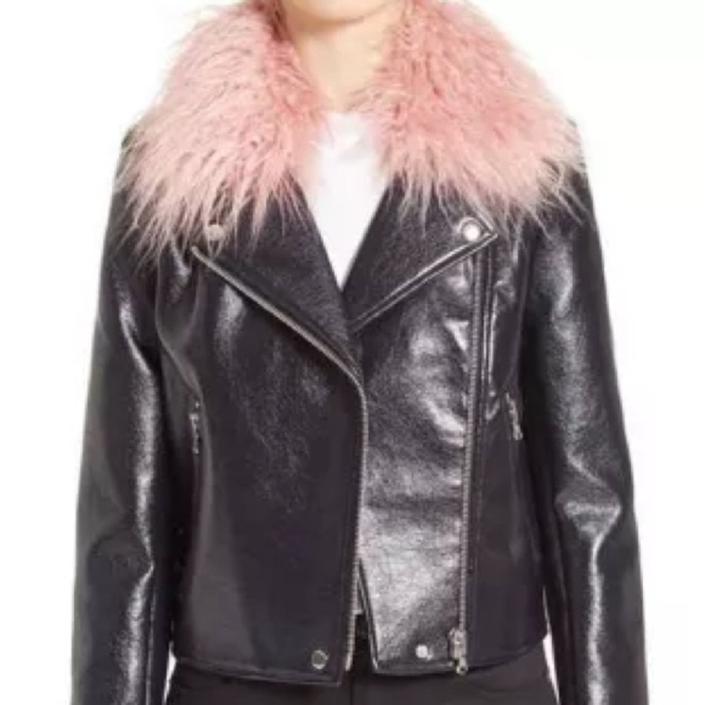 Shrimps Shiny Black Jacket with Pink Fur Collar